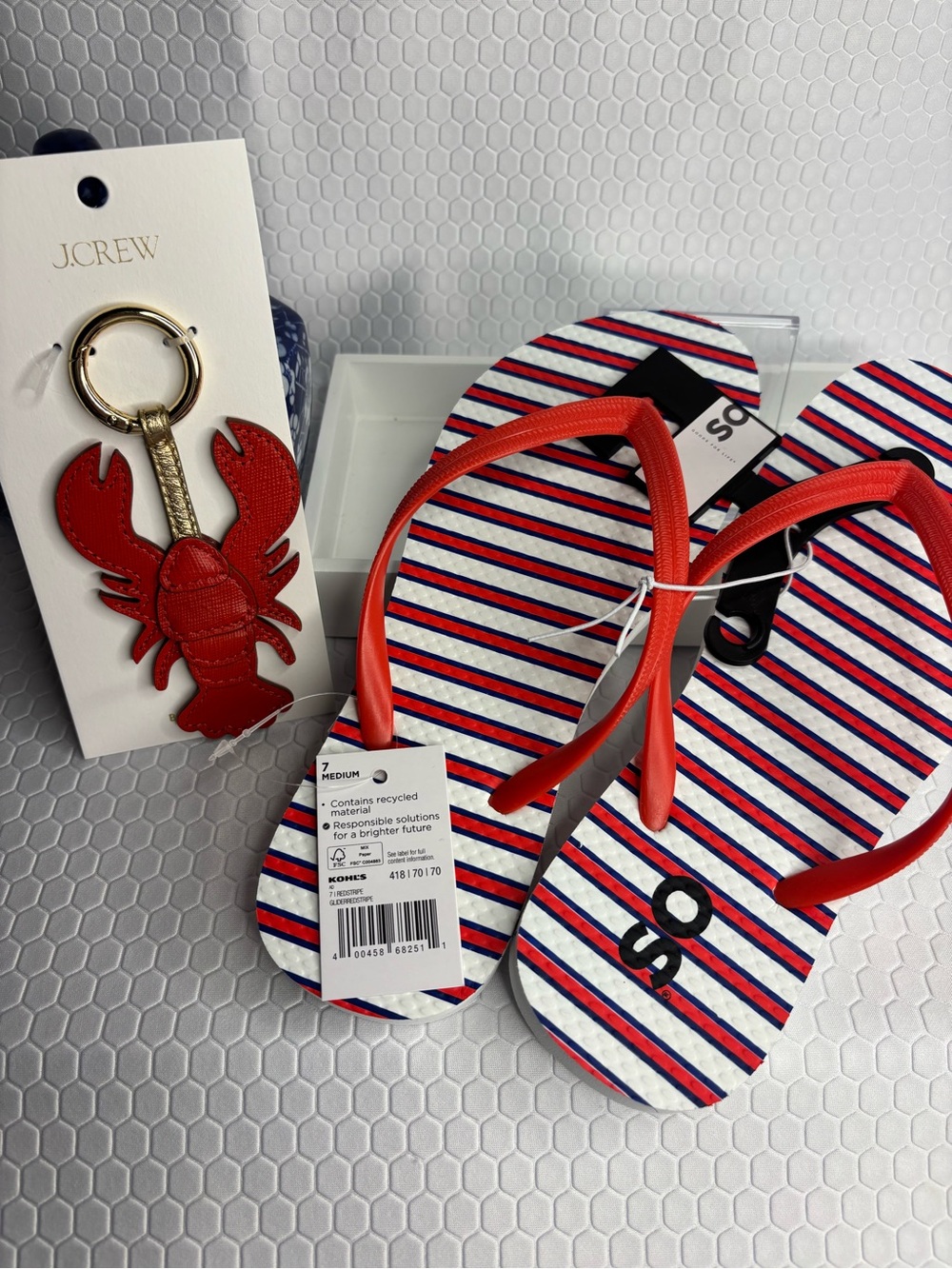 J. Crew Red Lobster Keychain & Red-Trim Navy-White Striped Flip Flops Sz7  NWT